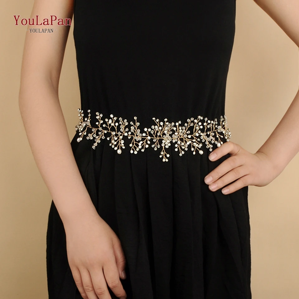 Youlapan Golden Wedding Belt Pearls Crystal Belt Ručne vyrábaný kamienok pre svadobné doplnky Zlatý svadobný pás Sash SH10