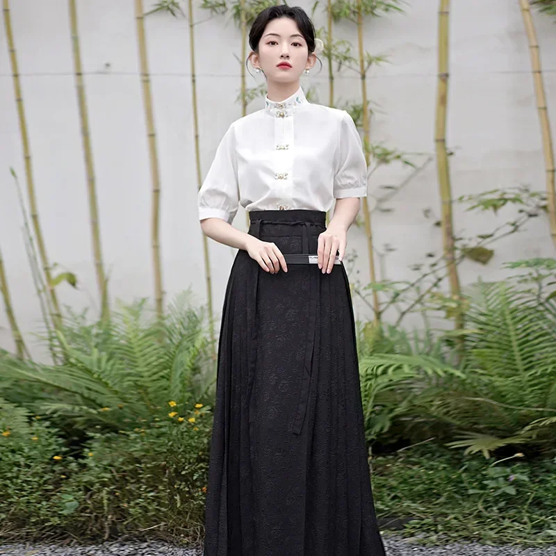 YourQipao letné biele biele tričko Čierny kôň tvár sukňa retro móda Čínsky tradičný štýl Vylepšené šaty Hanfu pre ženy