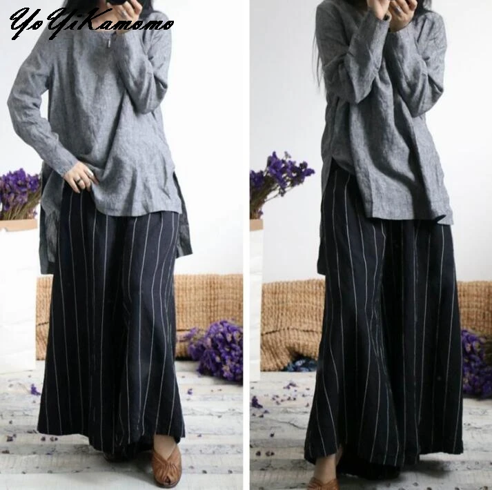 Yoyikamomo Women Pants Cotton Linen 2018 Spring pruhovaný pruhovaný voľný pôvodný krátky elastický pás Vintage ženské nohavice
