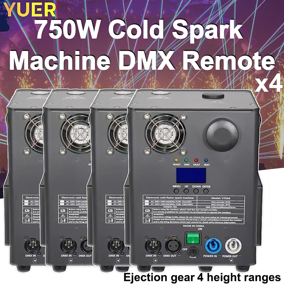 Yuer 4PCS 750W Elektronický studený plameň vrchný striekajúci strojové vybavenie diaľkové ovládanie DMX512 Ovládanie svadobnej hudobnej show