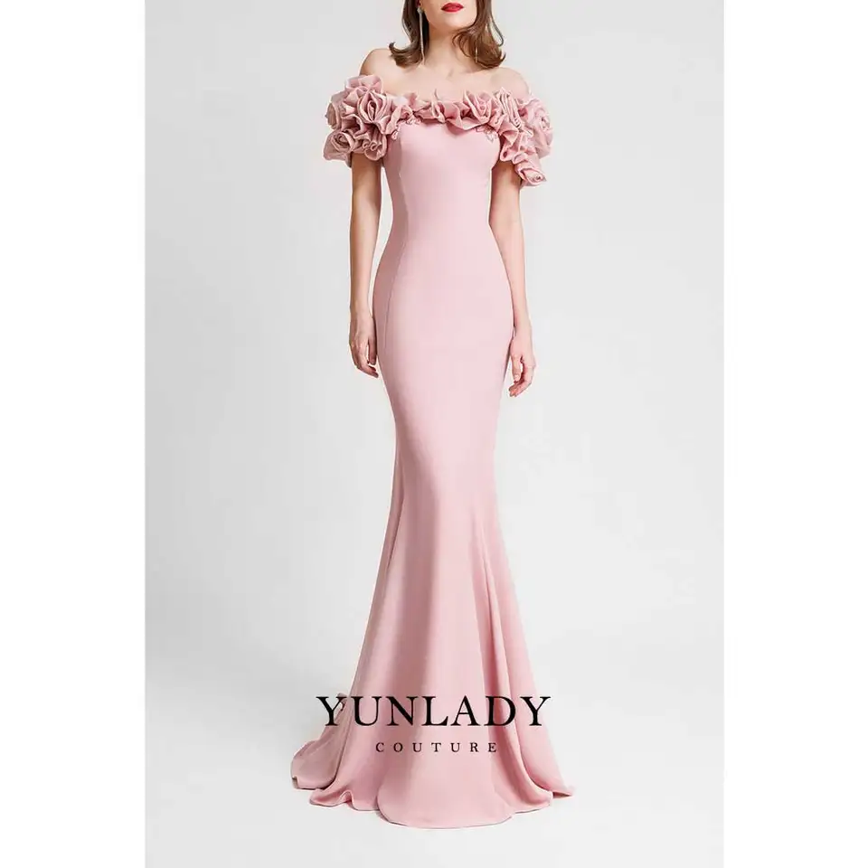 Yunlan Elegantná ružová trubica Top 3D Flower Fishtail Sukňa Večerné šaty 2024 Dubaj Svadobné formálne príležitosti koncové párty šaty