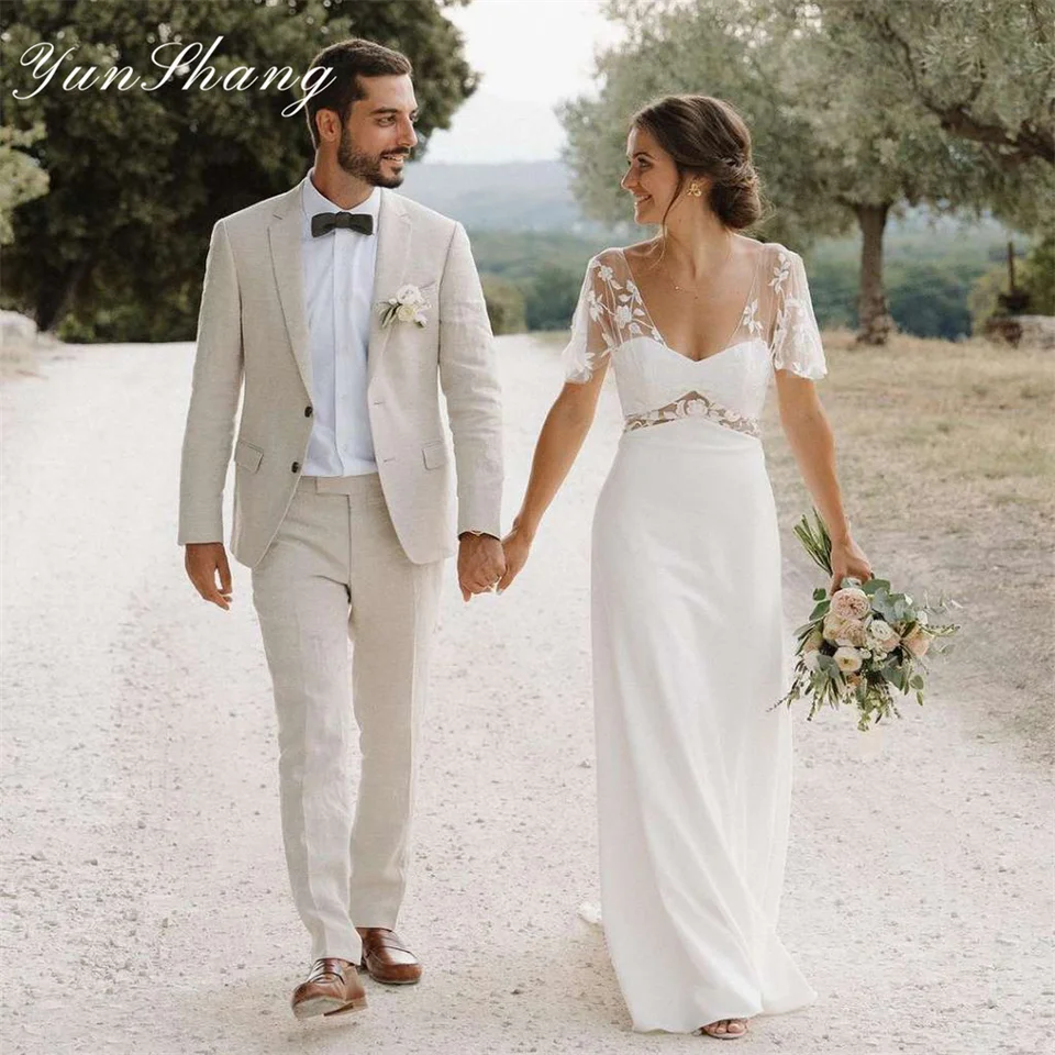 Yunshang Elegantné svadobné šaty Mermaid Svadobné šaty zlatíčko s krátkym rukávom Otvorené čipkované čipky aplikované svadobné šaty Vestido de novia prispôsobené