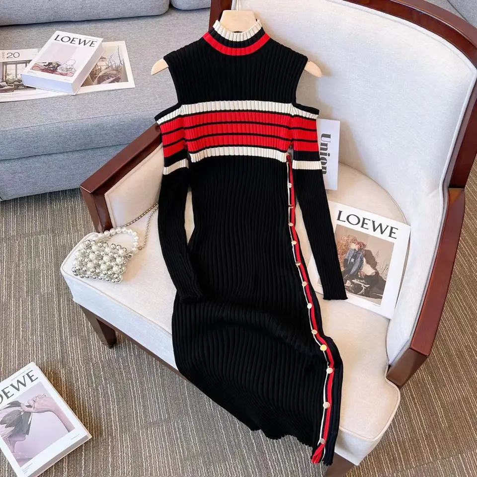 Yuoomuoo Chic Fashion Sexy Balíček boky gombíky Bodycon Dress 2024 Jeseň zimná zimná dutá dlhé rukávy pletené sveter šaty