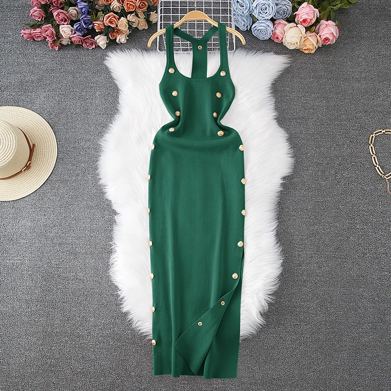 Yuoomuoo Dámske šaty 2025 letné sexy ohlávateľ bez rukávov gombíky maxi bodycon šaty elegantné večerné čierne párty šaty Vestidos
