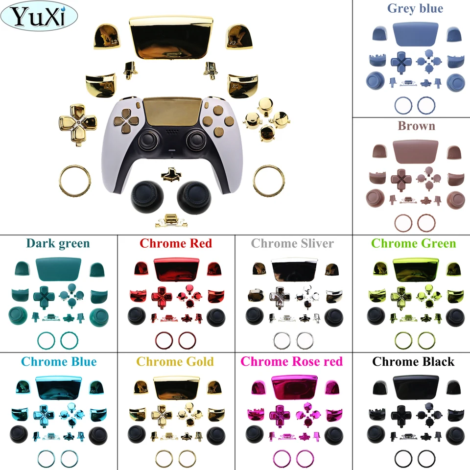 Yuxi chrómové tlačidlá pre PS5 rukoväť palca palcové tyčinky Joystick Ring L1 R1 L2 R2 D-PAD tlačidlo pre ovládač PS5