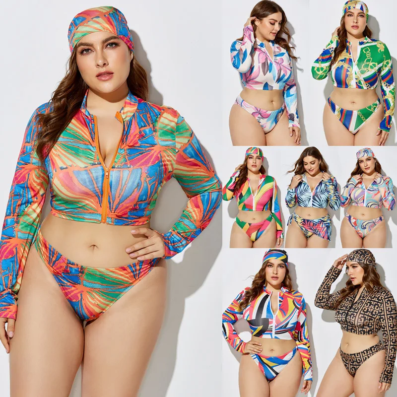 YY12 plavky pre ženy pre ženy Bikinis 3 kusy Jedna súprava samostatná plus tučná pláž 2-5xl letné letné zatvorené zips s dlhým rukávom