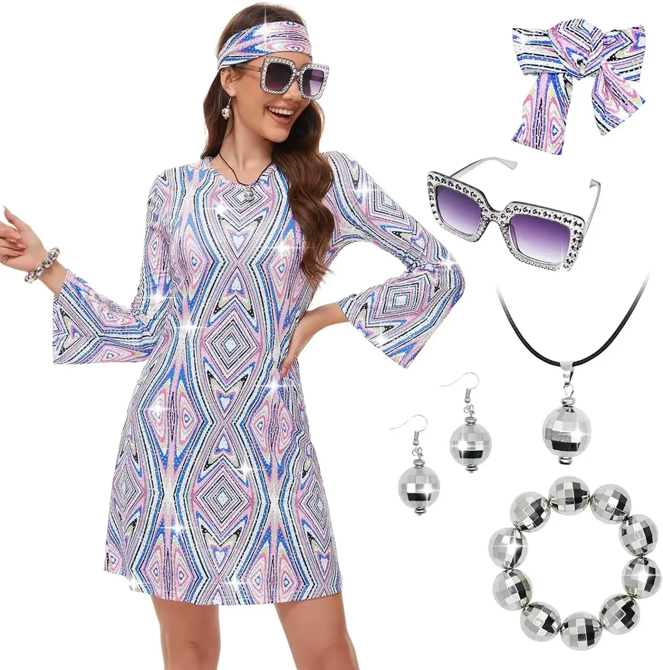 Z 70. rokov Ženy Disco Dress Hippie kostýmy náhrdelníkových náušníc okuliarov, narodeninové oblečenie zo 70. rokov, prom bling šaty zo 70. rokov 20. storočia