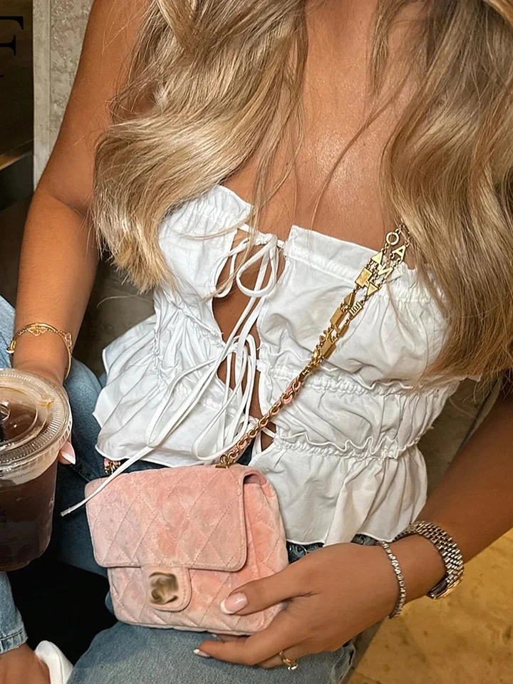 Zaba dámska móda letný poplin kravata dutá camisole top bow elegant slama biely top sexy backless -roufle bez rukávov top majer