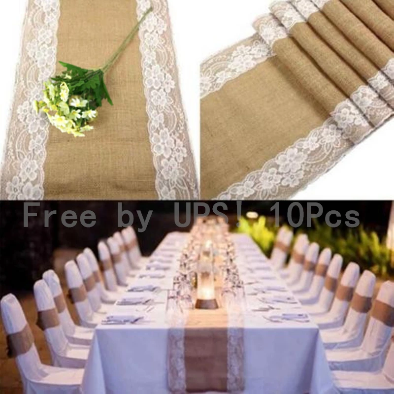 Zadarmo od UPS! 10pcs * 30x275cm rustikálny pytlovina čipka Hessian Line Runner Natural Jute pre večierok, svadobná dekorácia AA7922