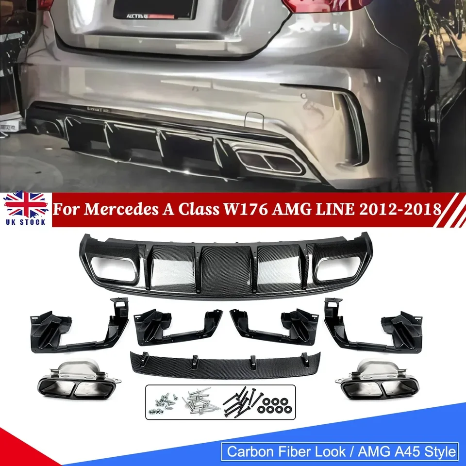 Zadný nárazník s uhlíkovým vzhľadom pery pre pery pre Mercedes-Benz W176 A200 A45 AMG 2013-18