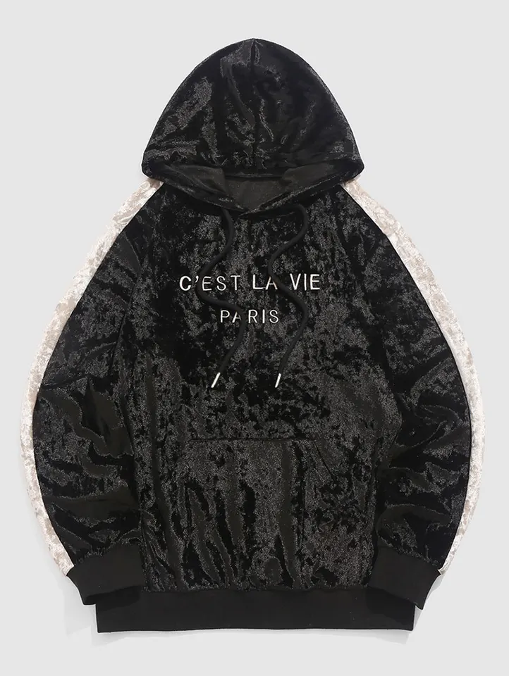 ZAFUL Pánske c'est la vie Paris Letter vyšívaný fuzzy fleece farebné rukávy Kangaroo vreckový dizajn pullover mikina