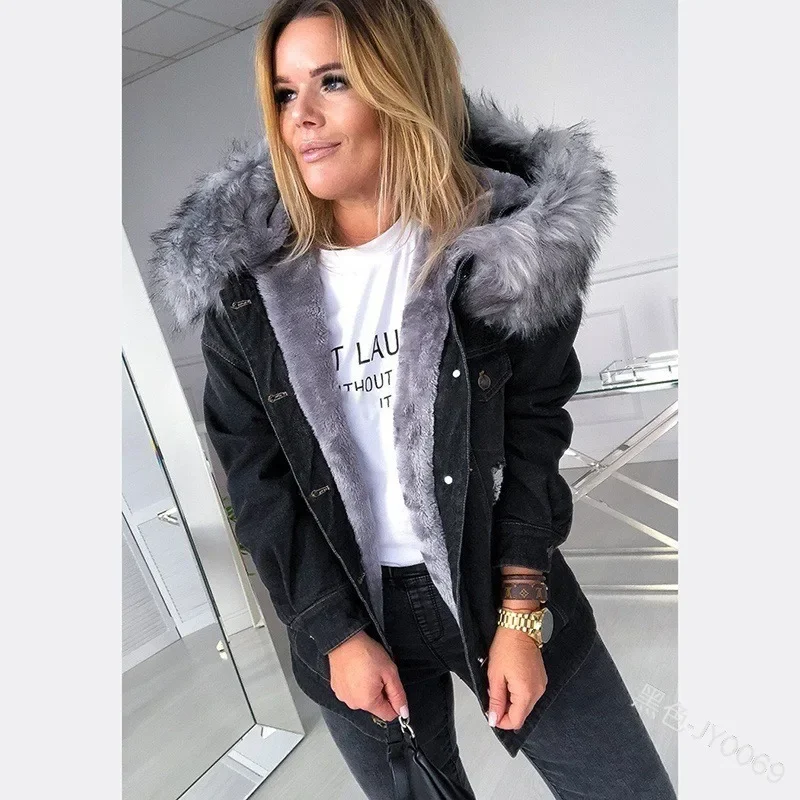 Zahustená bavlnená kabát džínsový kabát Zimný trend kašmíru Denim Coats Outwear kožušinový golier dámske dámske džínsové bundy