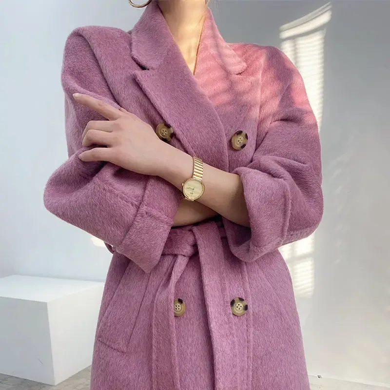 Zahustený kabát alpaca Alpaca Women Women High Cond Stredne dĺžky Vlnené vlnené bundy teplé kašmíru Cast Cats Dámske odevy dlhé zmesi