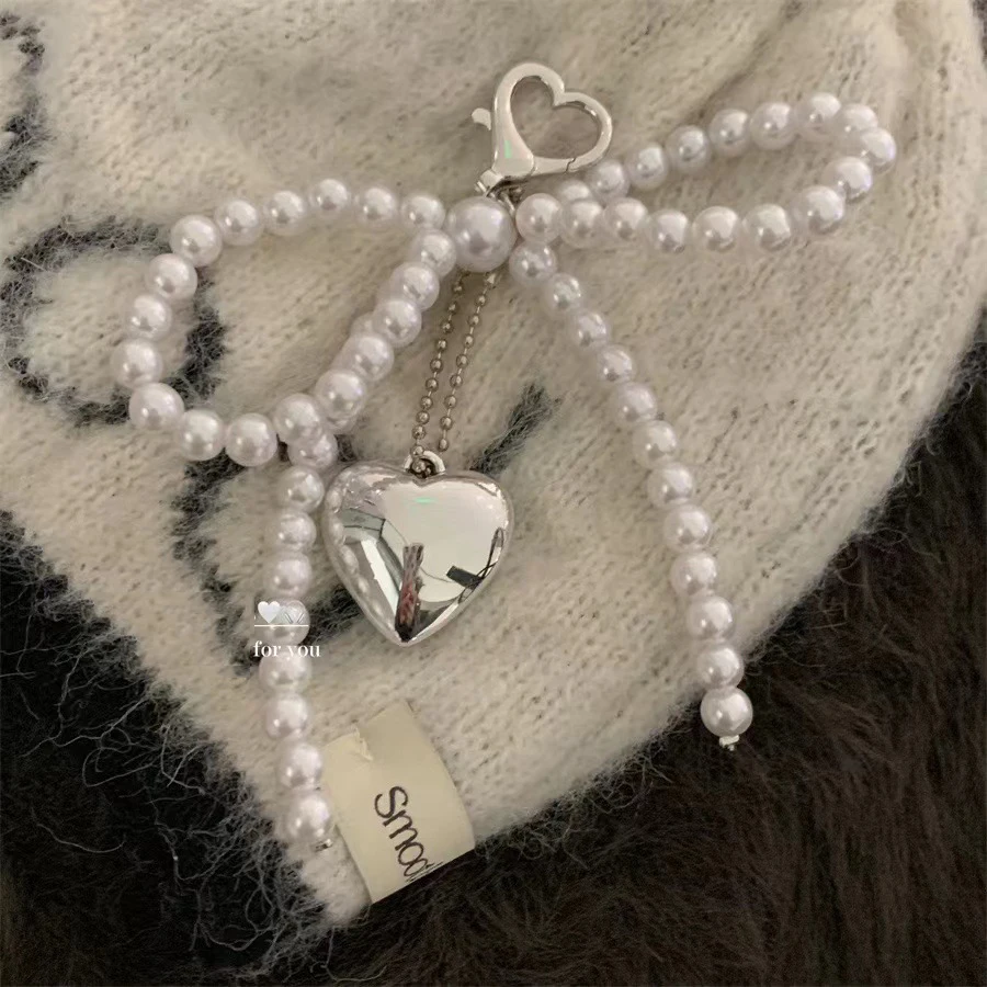 Zakol biely bowknot srdiečko Keychain Ženy Sladké kúzlo perla batohový batoh kľúča ručne vyrábané šperky ozdobné tašky prívesky gif gif