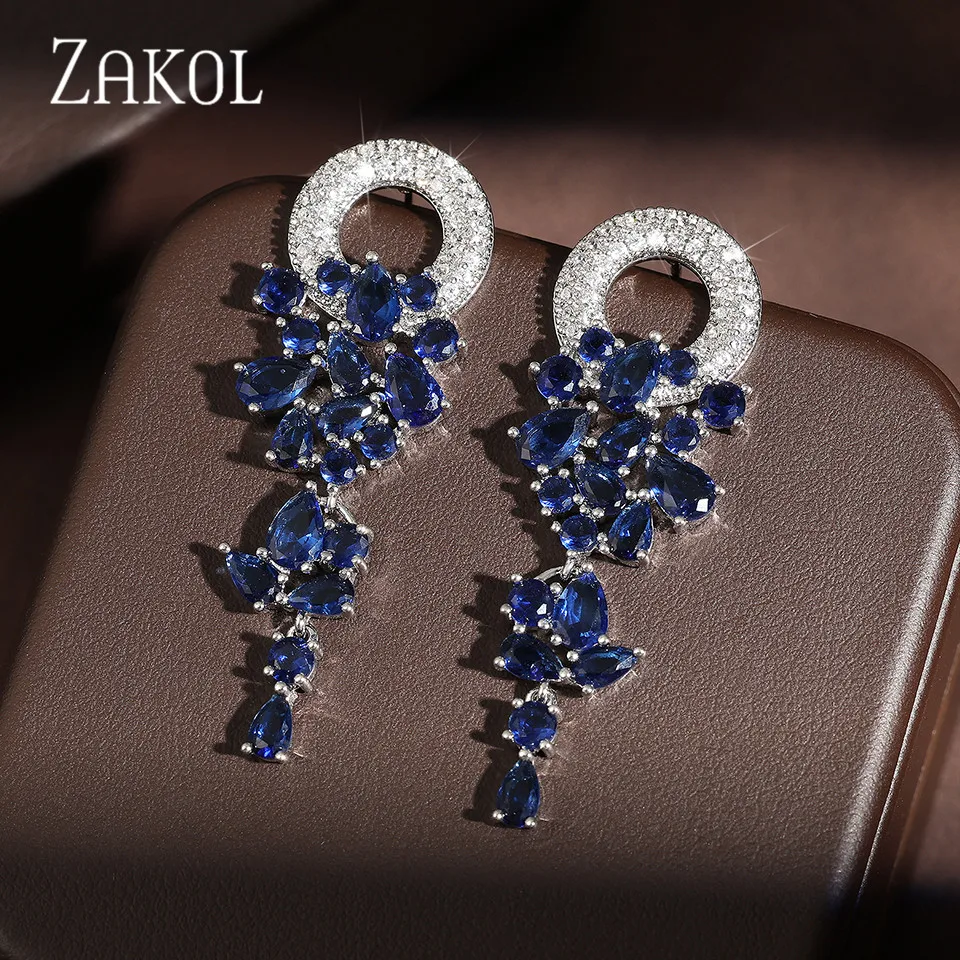 Zakol elegantné modré kubické zirkónia dlhé strapce náušnice pre ženy luxusné listy tvar svadobné štýlové šperky