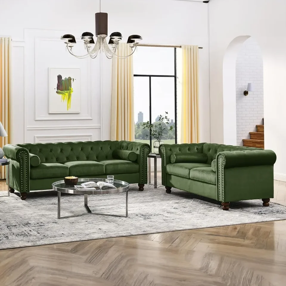 Zamatová čalúnená pohovka s súprava 2, dvojdielna obývacia izba, vrátane 3-miestnej pohovky a Loveseat