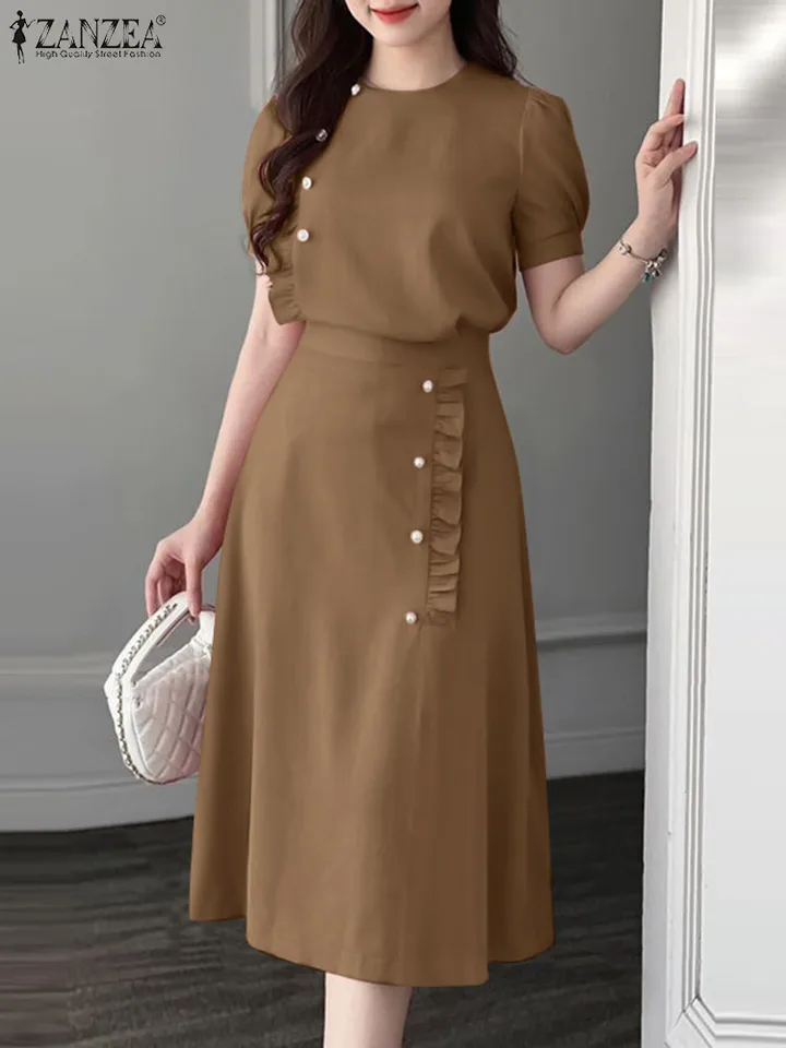 Zanzea 2ks Puff Puff Krátke rukávy súpravy Formálna kancelária Dlhá sukňa Sety Summer Ženy Elegantné obleky Vintage Ruffled Gompits