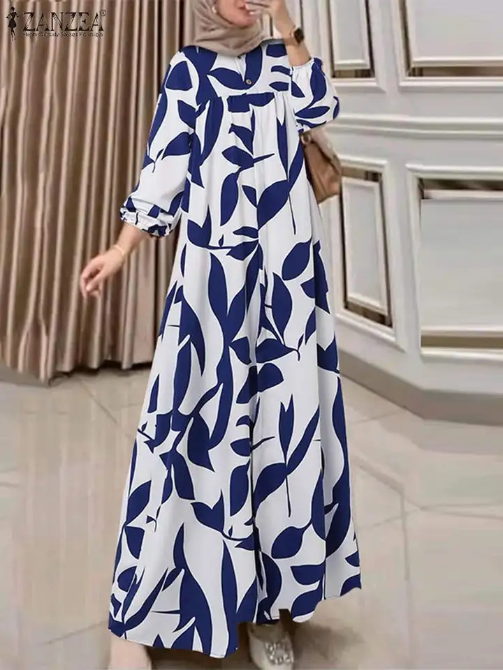Zanzea Casual O krk maxi šaty moslimské móda islamské dámske ženy A-line Vestidos s dlhým rukávom s dlhým rukávom All-over tlačené abaya rúcho