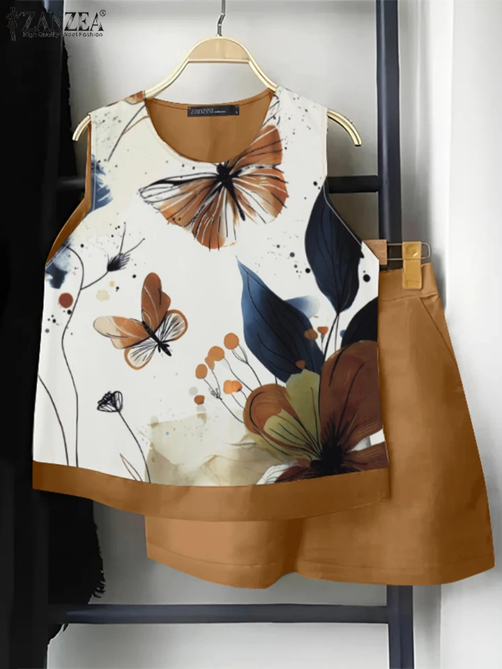 Zanzea dovolenka Summer 2024 Krátke súpravy Denné príležitostné ženy Prázdniny 2ks obleky kvetinové tlače Tops Tops Solid Shorts 2-diery súpravy