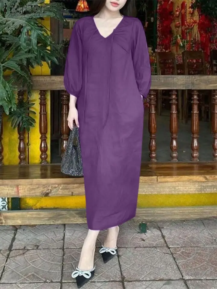 Zanzea Fall 2024 Príležitostné voľné Vestidos Solid V Neck 3/4 Puff Ruckve Ženy midi šaty bavlna dochádzanie módne šnurovacie okúzle