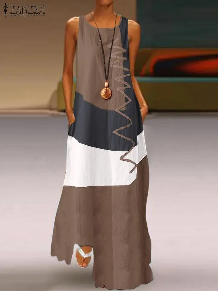 Zanzea kaftan 2023 letné maxi šaty Ženy Patchwork Sundress Casy Bez rukávov tunika Vestido ženské retro bavlnené rúcho femme