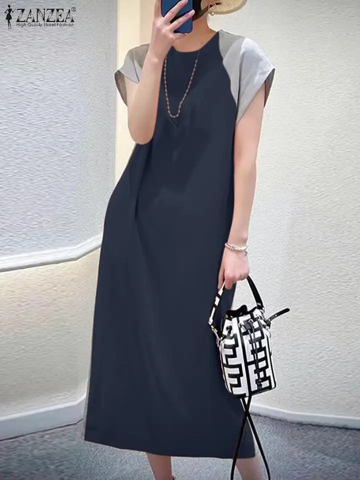 Zanzea Kórejské módne ženy farebný blok midi šaty Príležitostné streetwear Raglan rukávy o krk a-line vestidos elegantné dochádzkové šaty