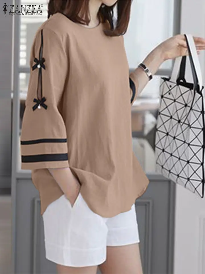 Zanzea letné ženy blúzka móda o krk 3/4 rukávy voľné neformálne tričko Elegantné patchworky Tops tunickej ženskej práce Blusas chamise
