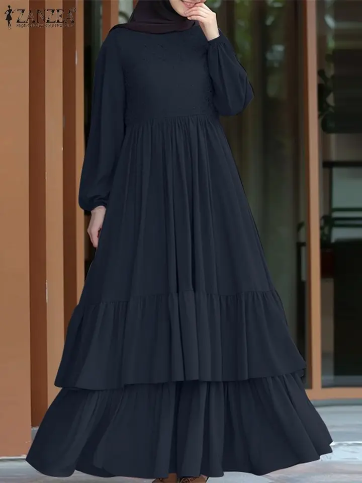 Zanzea moslimské príležitostné maxi šaty Ženy Zúčastnené s dlhým rukávom odstupňované abaya jeseň 2024 čipkované patchwork islamský hidžáb elegantné šaty