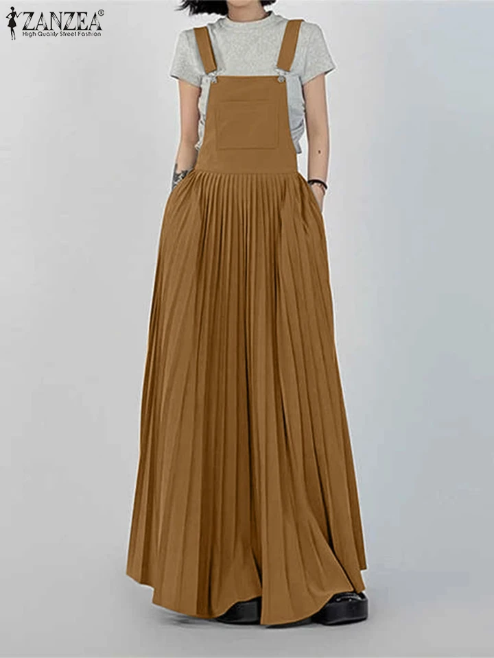 Zanzea Plisse Trendy Pinafore Dress Pleasted Stylish Casy Solid Sondender Vestidos 2025 letné ženy Celkové oblečenie Celkové šaty