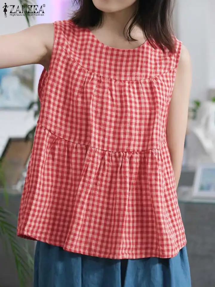 Zanzea Príležitostné voľné odstupňované topánky Tops Women Elegantné o krk Plaid bez rukávov blúzky 2024 letné kórejské módne denné tuniky košeľa