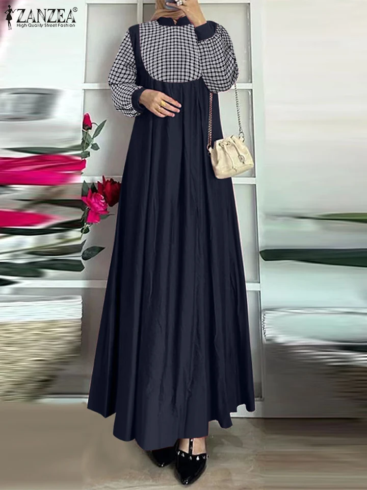 Zanzea s dlhým rukávom Moslimské módy dlhé šaty islamské 2024 PAT PLAID PATCHWORS STAND COLLAR maxi šaty Ženy Príležitostné abaya rúcho