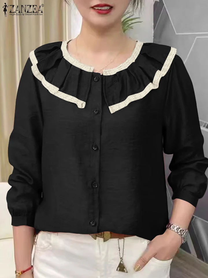 Zanzea vinobranie košele Peter Pant Collar 2025 Spring Crinkled Women Elegantné tunikové vrcholy s dlhým rukávom Lace Trim Blouses