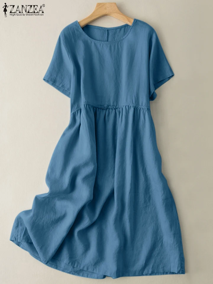 Zanzea Vintage bavlnené šaty Ženy s krátkym rukávom Vestidos 2024 Summer Solid Solid Midi Roup Casy módne šaty nadmerne veľtrhové femme