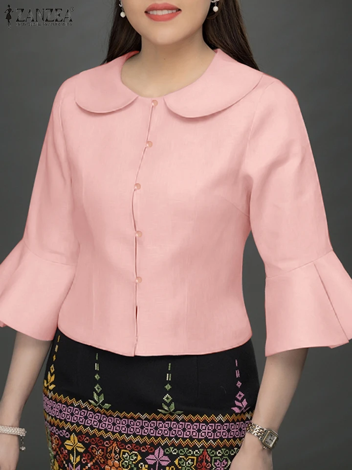 Zanzea Vintage Solid Office Tirls Dámske blúzky Doll Blouses Fashion Flare 3/4 Rukáv Tops 2024 Jeseň zostrihovanie Blusas