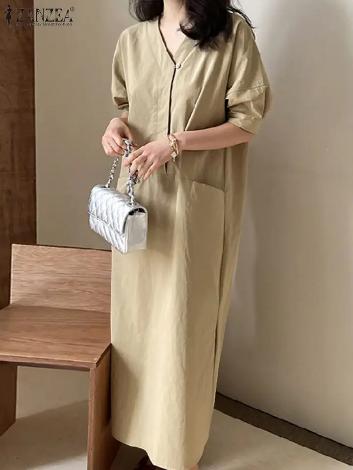 Zanzea Women Casual Cargo Pockets šaty vintage khaki dlhé rúcho 2024 leto Kórejský kórejský harajuku voľné šaty Vestidos Kancelárie