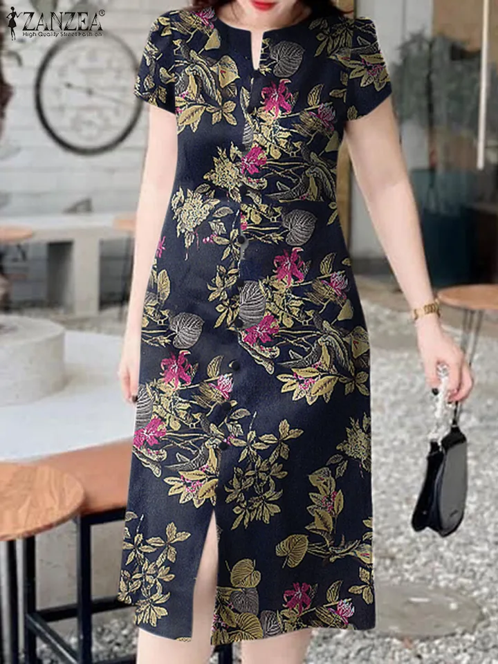 Zanzea Women Cotton Midi šaty kvetinové potlač V-krk dovolenka Sundress 2024 Spring krátke rukávy Party Loose Split Hem Vestidos