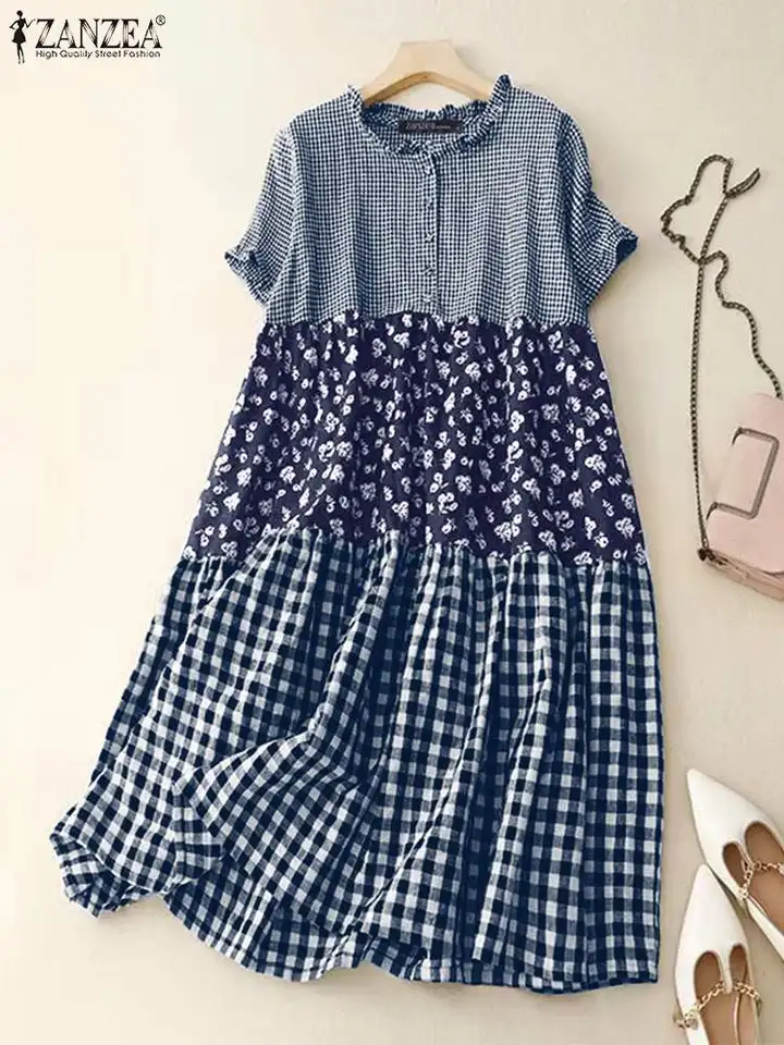 Zanzea Women Fashion Plaid Dlhé šaty 2024 Letná dovolenka Sundress Pleating Stitching Titching Šaty ležérne voľné rukávové plášť