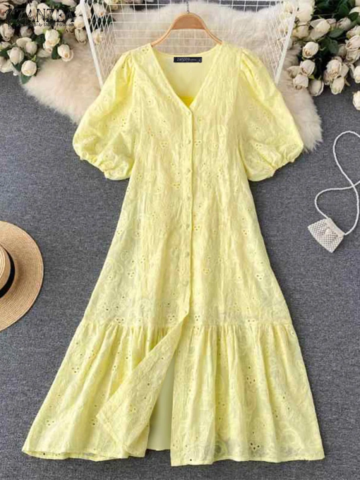 Zanzea Women Lace vyšívacie rúcho 2025 Plná farba maxi šaty módne oblátky s krátkym rukávom Vestidos neformálne voľné dovolenky Sundress Sundress