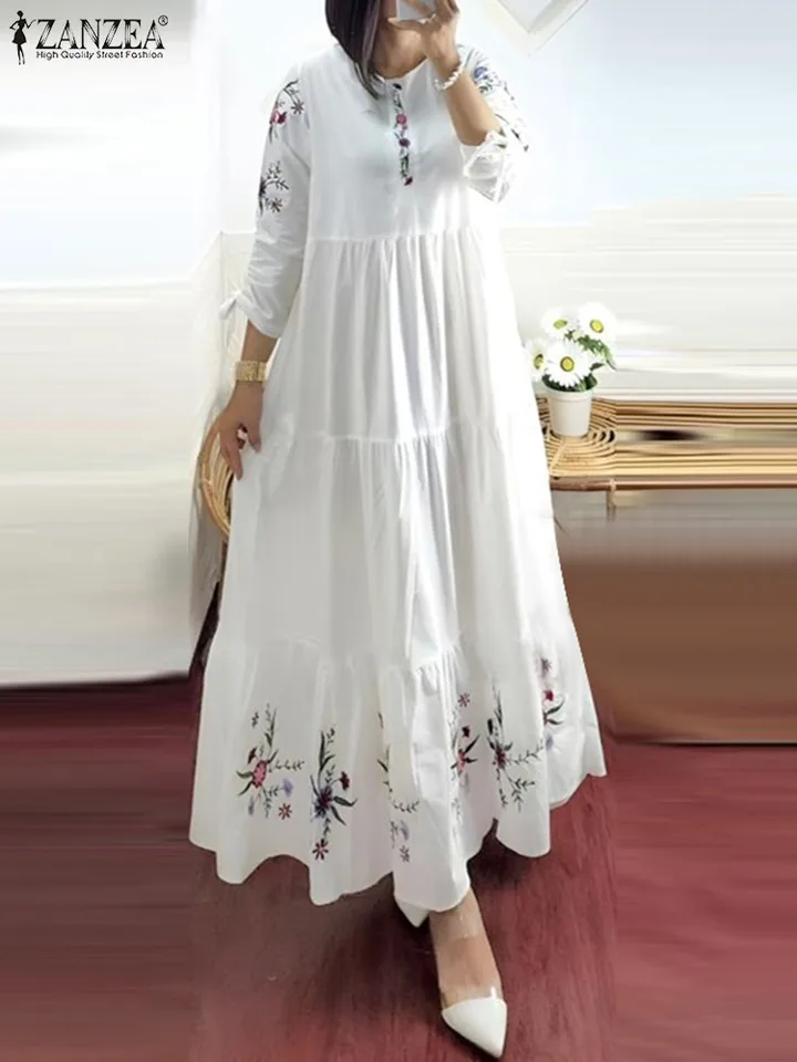 Zanzea Ženy 3/4 rukáv kvetinové tlačené elegantné moslimské maxi šaty letné módne hubiny hem Party Sundress rúž femme vestido