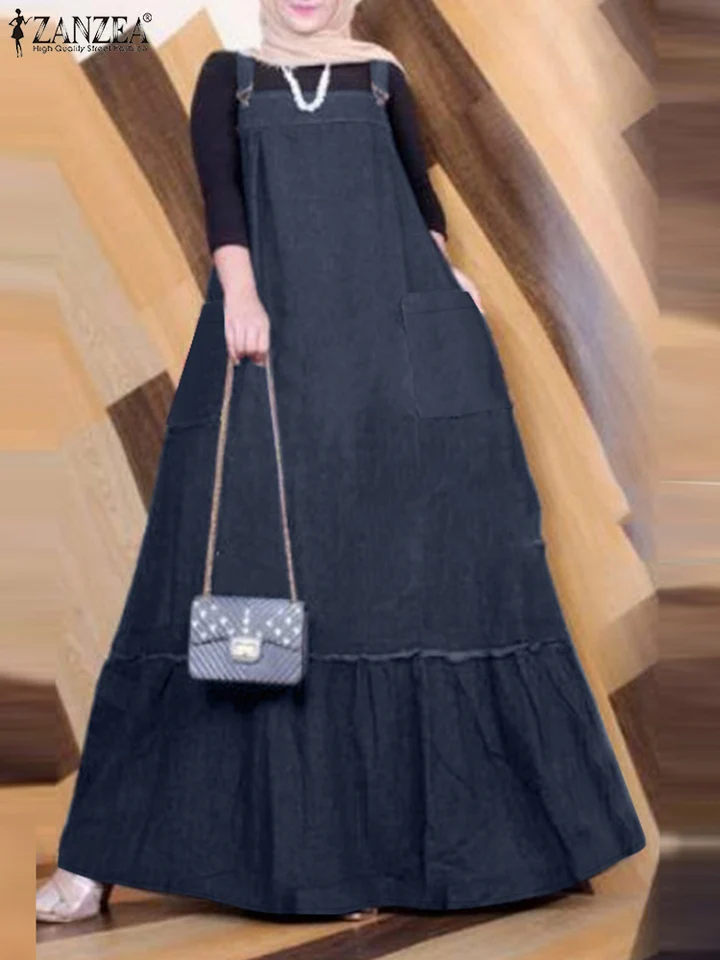 Zanzea Ženy denim modrá abaya moslim ISLAM 2025 Letný zviazaný hem voľný príležitostný celkový šaty bez rukávov Vestidos