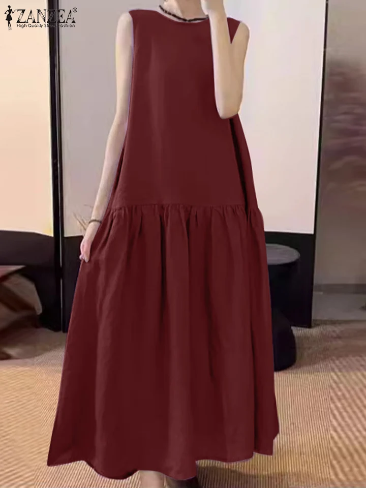 Zanzea ženy masívne farebné šaty okrúhle krk bez rukávov Príležitostné voľné datovanie šaty s hmlou lemom Holiday Evening Vestidos