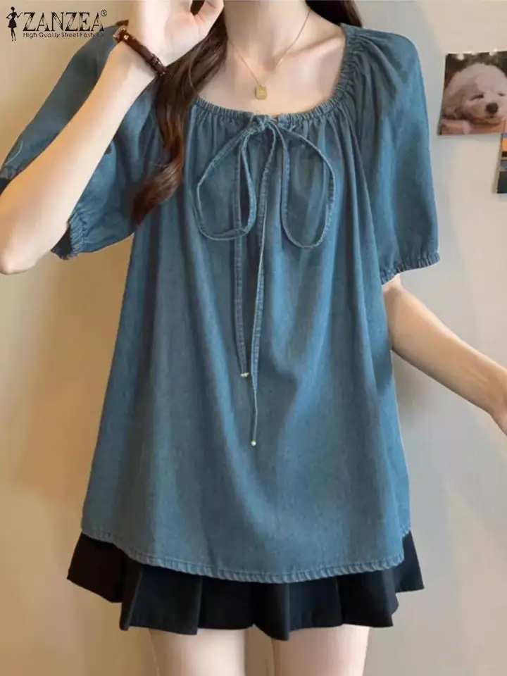 Zanzea Ženy Summer Denim blúzka Korean Fashion Puff Tops Tops Tops Casy Loose Solid Lace-up tuniky 2024
