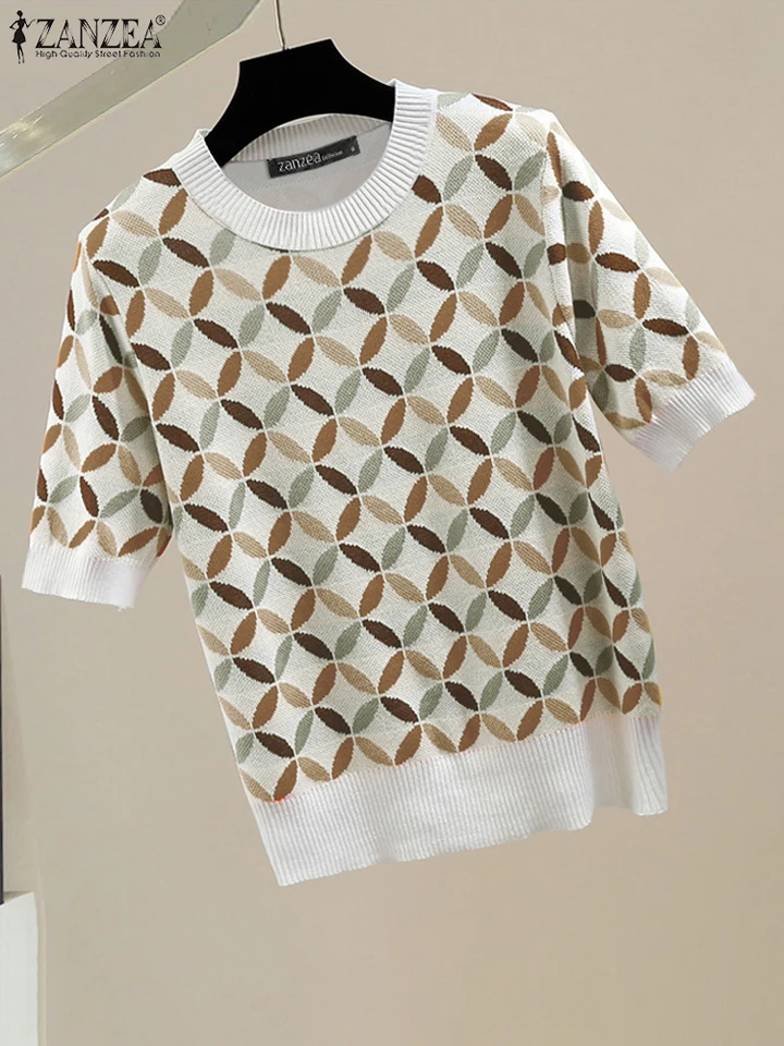 Zanzea Ženy tlačené pletené topy Fashion letné letné rukávy Základné tuniky Prázdniny 2024 O-krk tričká Casy Coloblock Blusas