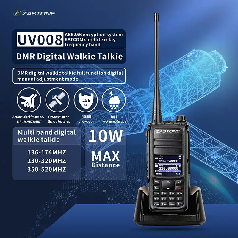 Zastone UV008 DMR Digita Walkie Talkie 10W Two Way Radio UHF VHF Dual Band 136-174MHz 350-480MHz Dual Time Slot Walkie-Talkie