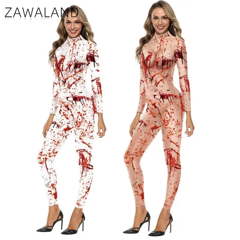 Zawalan Halloween Ženy krv krvi 3D tlačiarenský kostým Cosplay Dospelý Zentai BodySuits Fitness Long Ruckve Compissuit Party Outfit