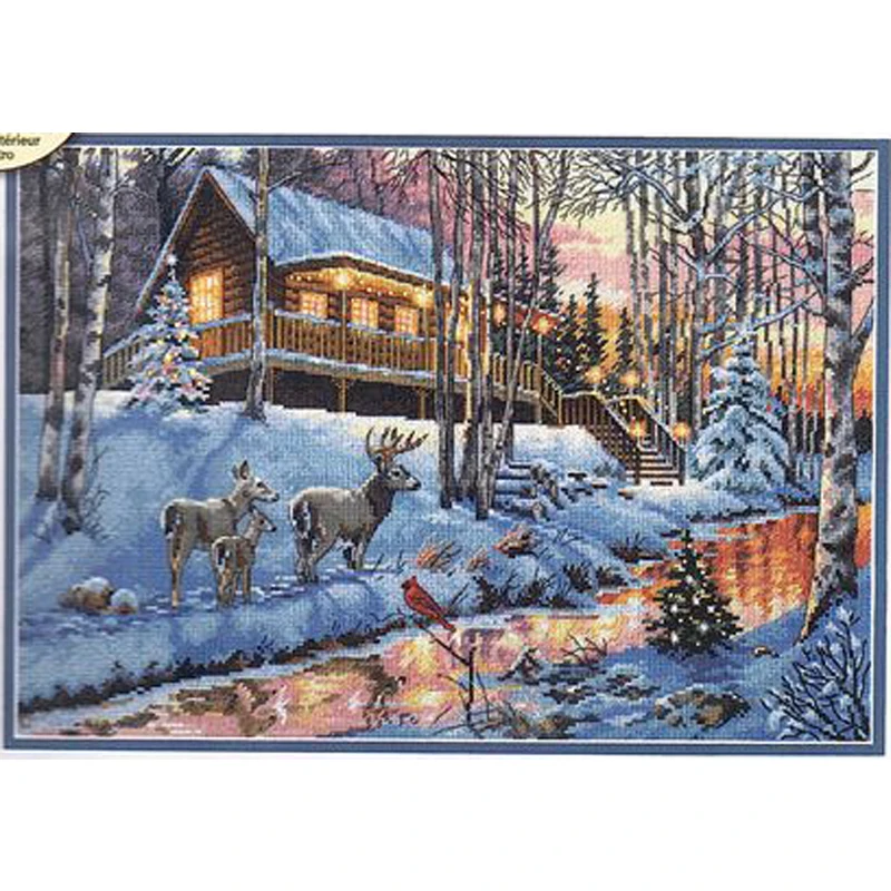 Zbierka Amishop Gold Compted Cross Stitch Kit Winter Cabin Chalet Hut Sneh Deer a River Brook Creek Dim 08976