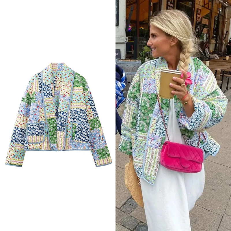 Zbza Dámsky retro patchwork kabát Jeseň a zima Nová sladká tlačená bavlnená kabát klopne vreckové dekorácie bavlnené klipy bunda