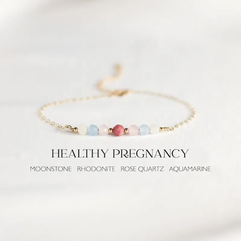 Zdravé tehotenstvo Crystal Bracelet Podpora tehotenstva, plodnosť, darček pre mamu, ružový kremeň, akamarín, Moonstone