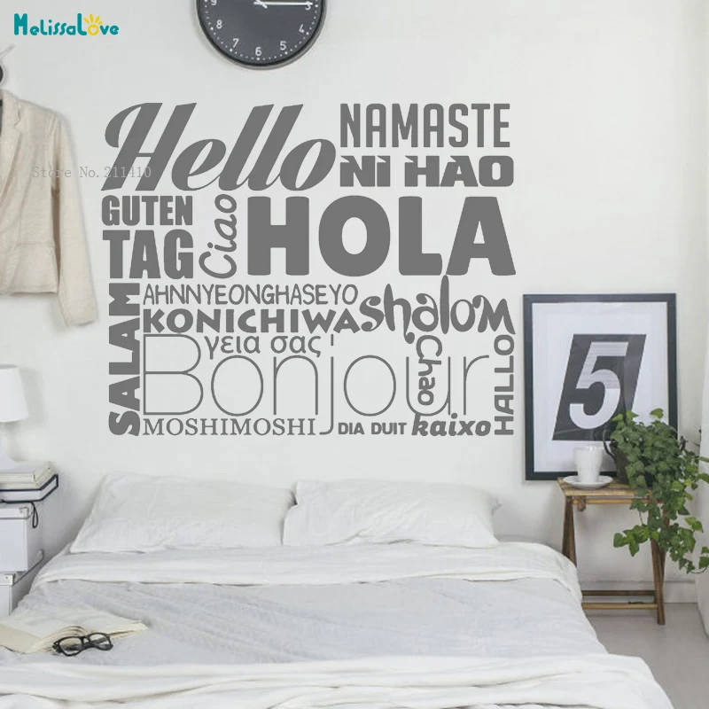 Zdravím po celom svete Pozdravte nálepku Hello Wall Sticker Domov Decor Office Shop Art Vinyl Murálne samolepiace citácie YT3059