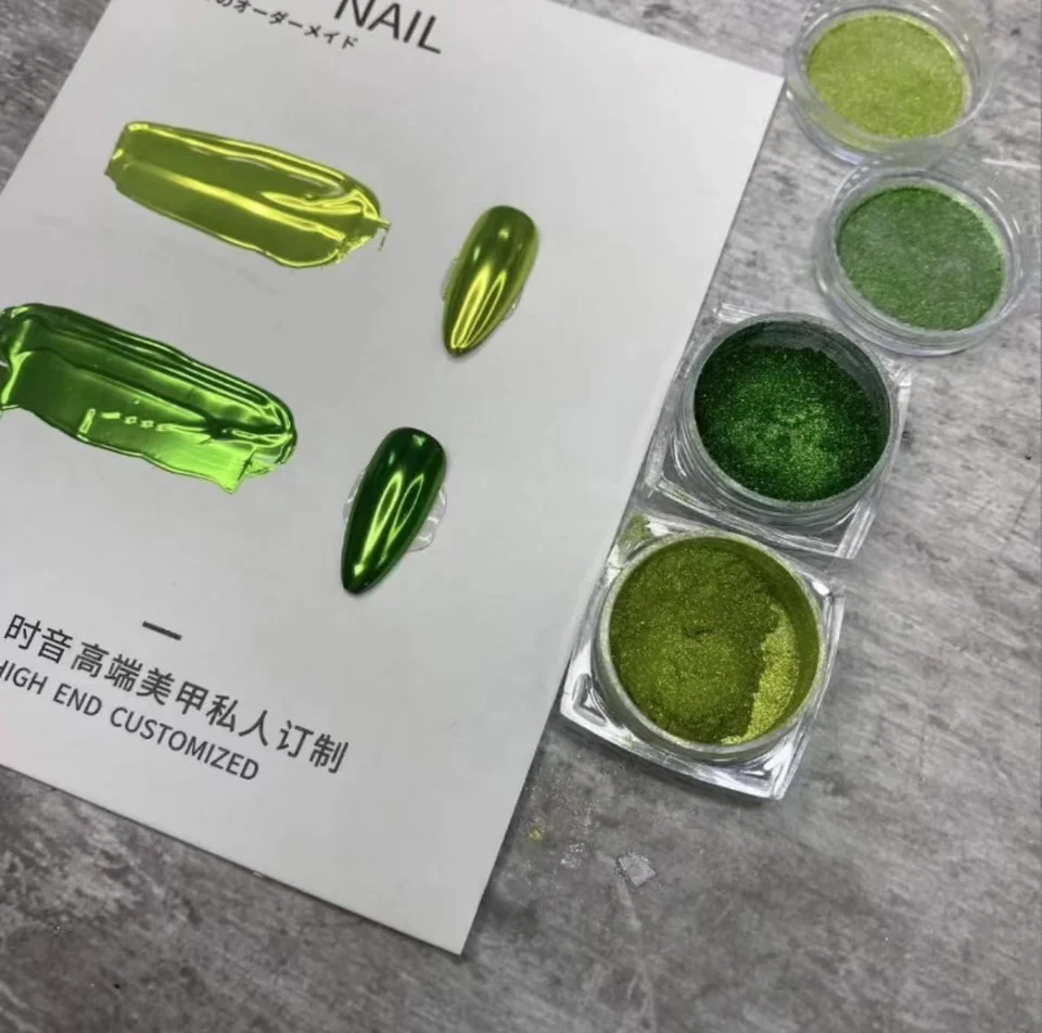 Zelený chrómový nechtový prášok pre nechty zrkadlový efekt kovový pigment práškový prach prach manikúru dekorácia DIY nechty